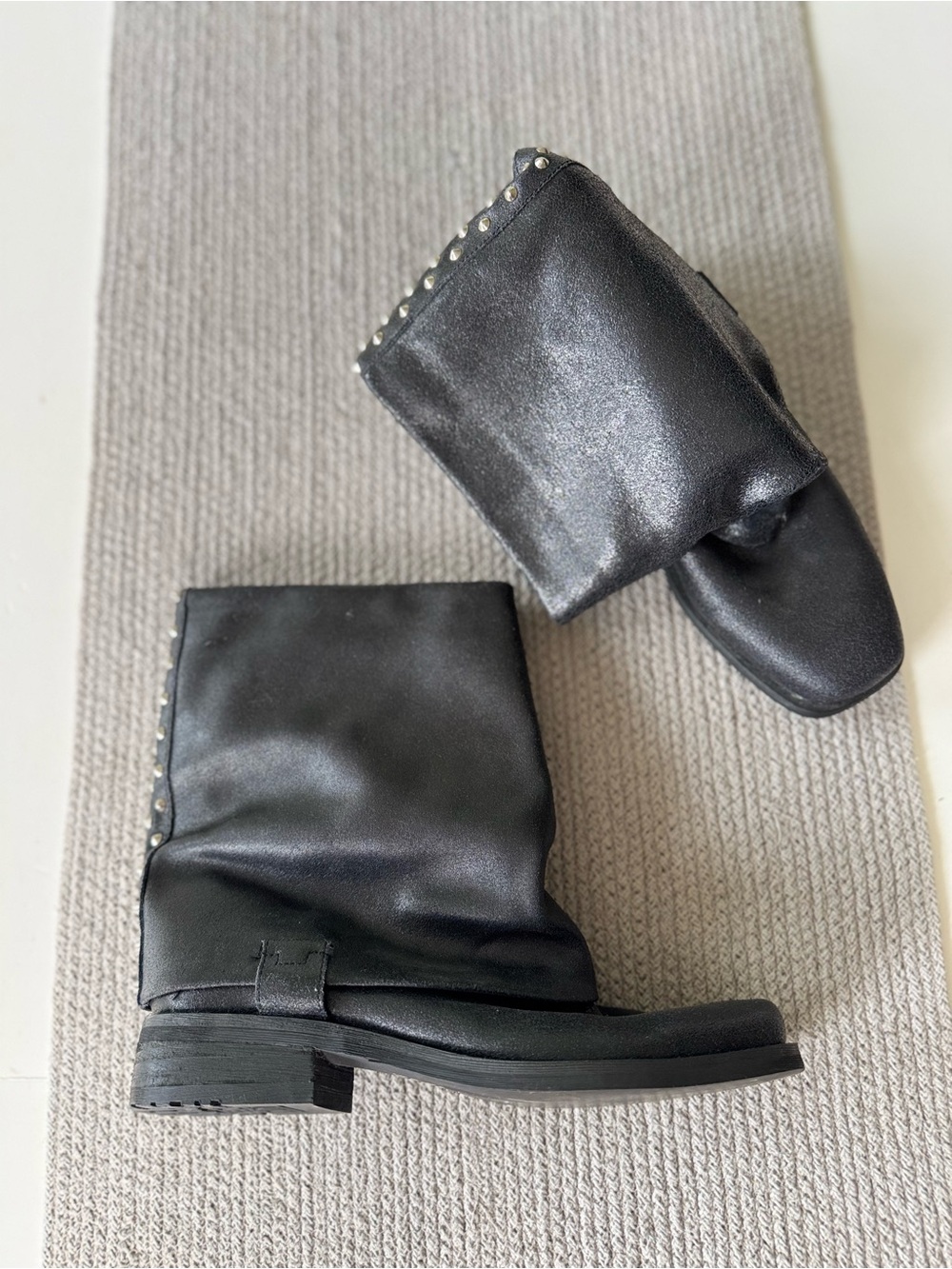 ENVY Fun Police Black Leather Foldover Mid Calf Moto Biker Boots Silver Studs